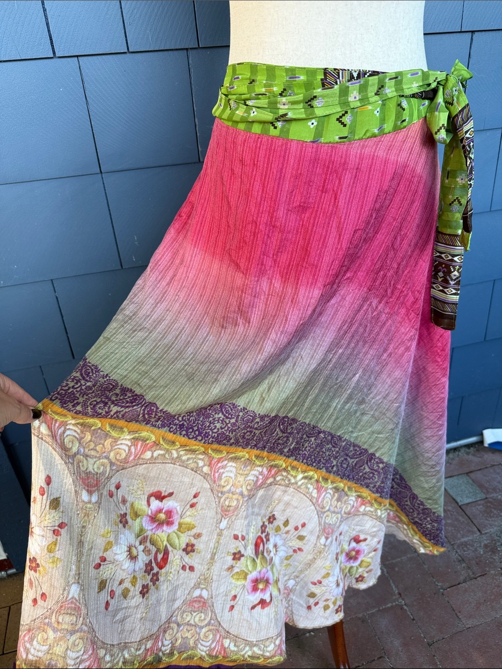 Gradient Pink to Green Boho Maxi Skirt with Floral Border reversible silk